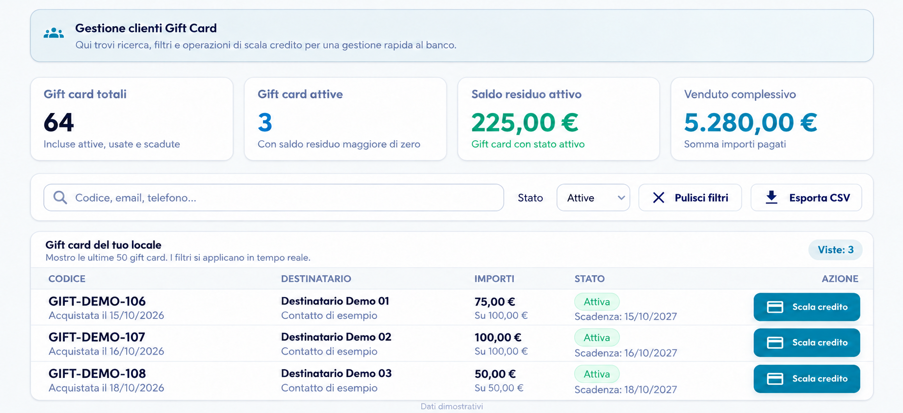 Pannello delle gift card con ricerca, saldo residuo e registrazione degli utilizzi
