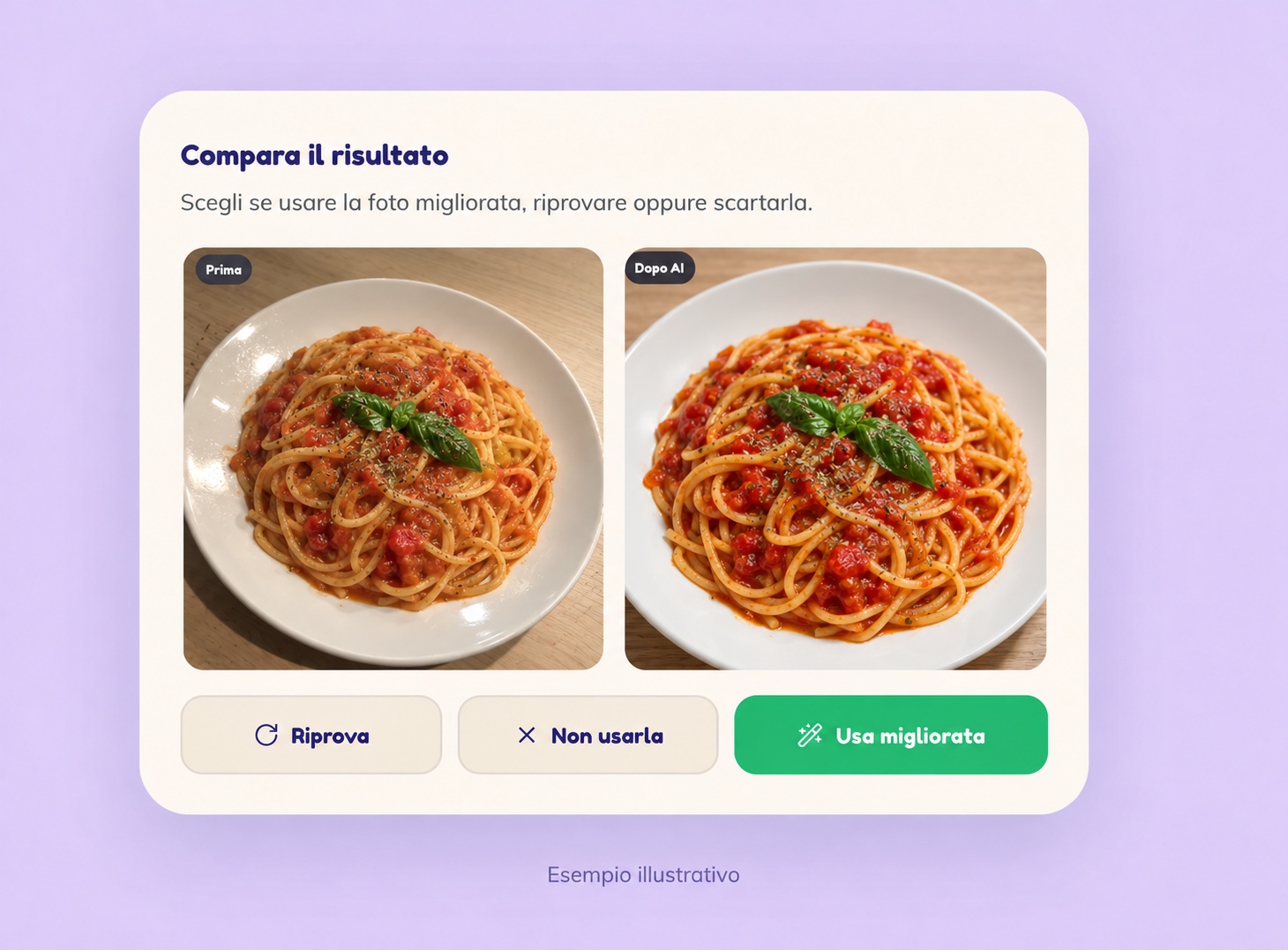 Anteprima del confronto fotografico prima e dopo con un piatto di spaghetti