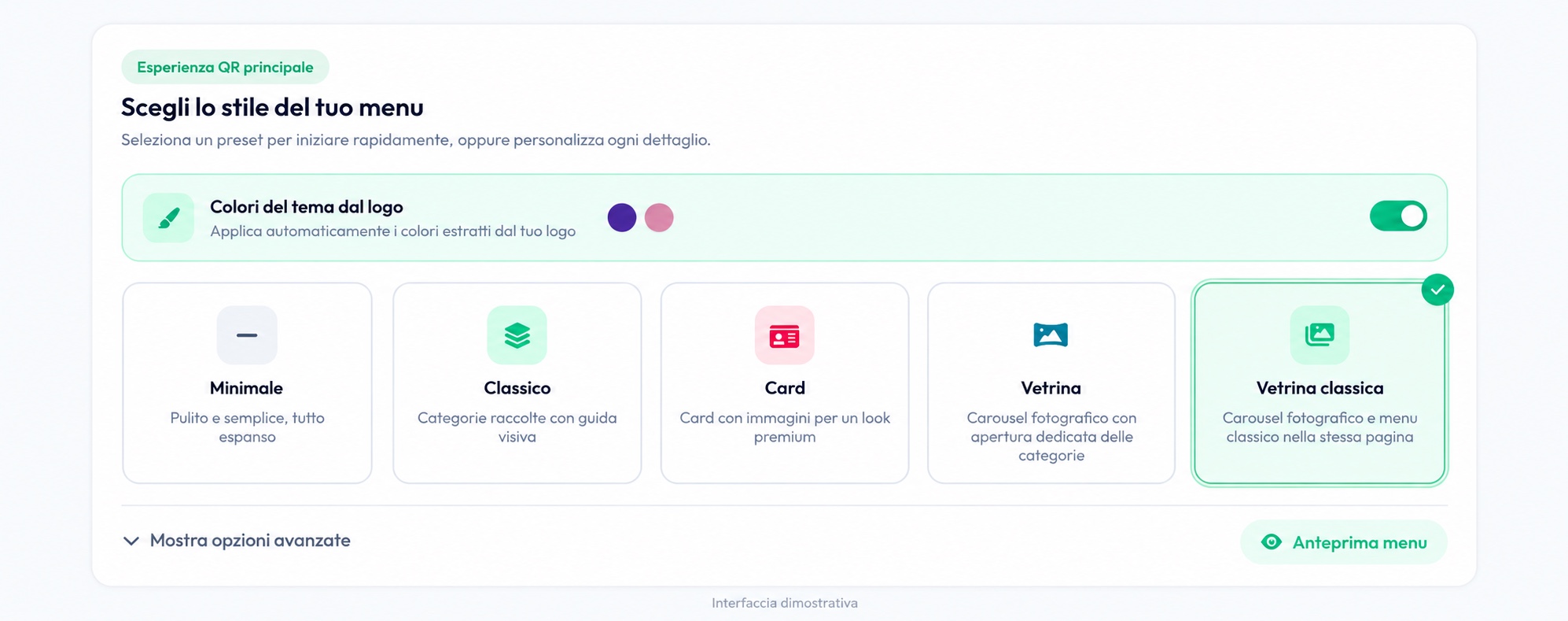 Impostazioni Gustify per colori dal logo e stili del menu