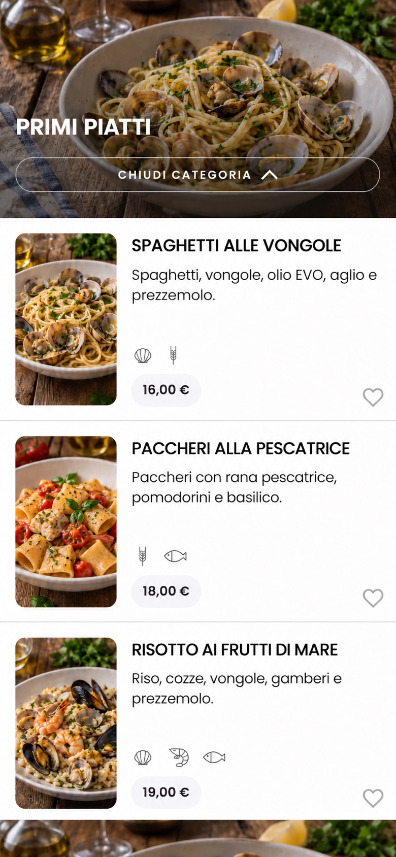 Menu di primi piatti con foto e prezzi