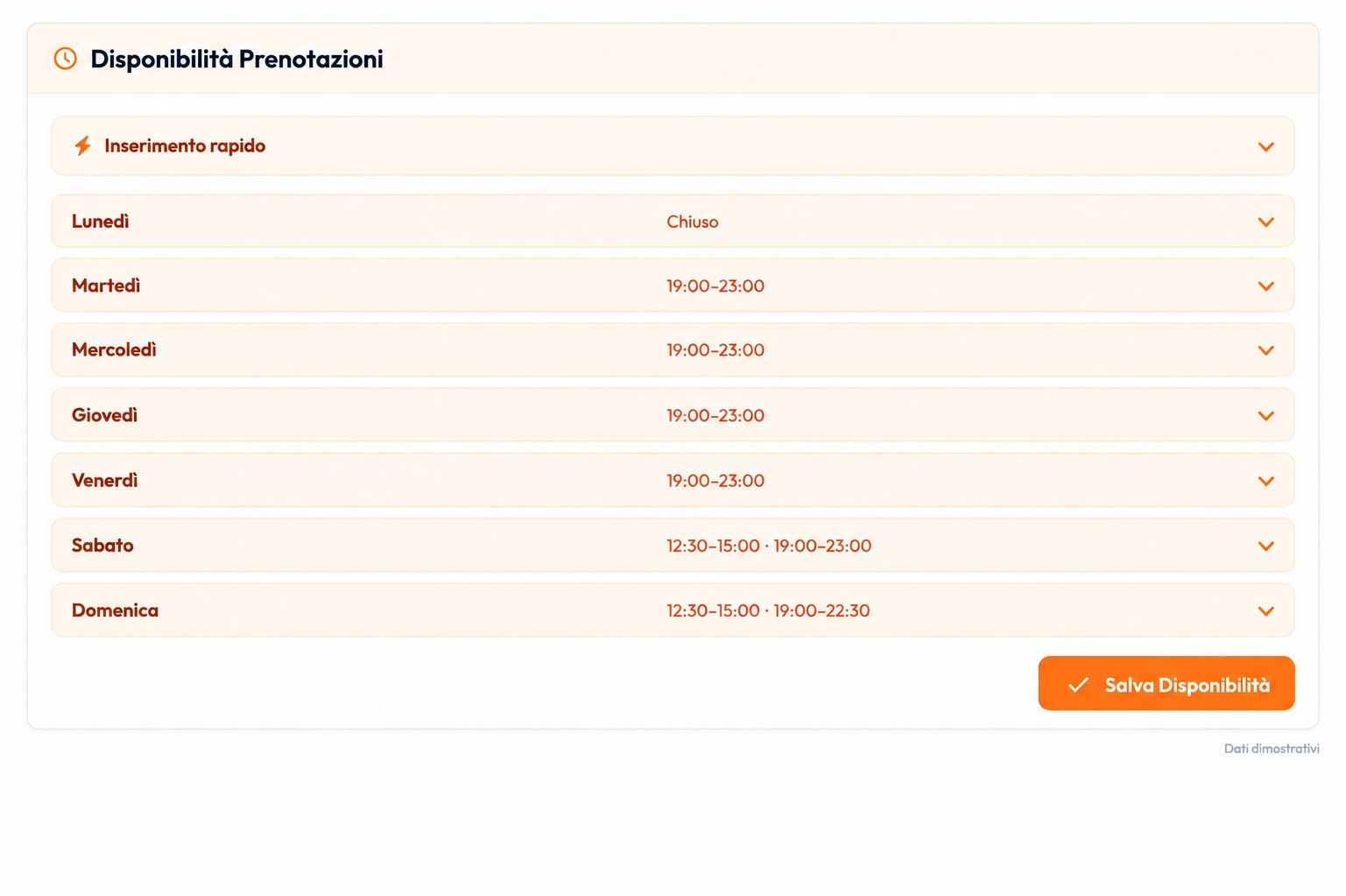 Configurazione settimanale delle disponibilità di prenotazione